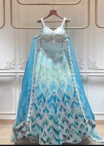 Stone work light blue bridal lehanga